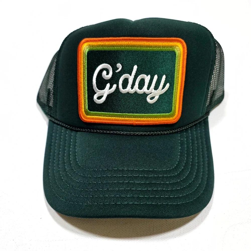 Port Sandz Trucker Hat Green G'day Patch Mesh Snapback Retro Beach Cap Surf